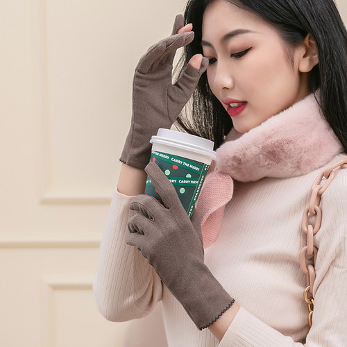 德绒手套女秋季新款骑车露指保暖防寒开车冬天骑行电动车漏二指头 - 图0