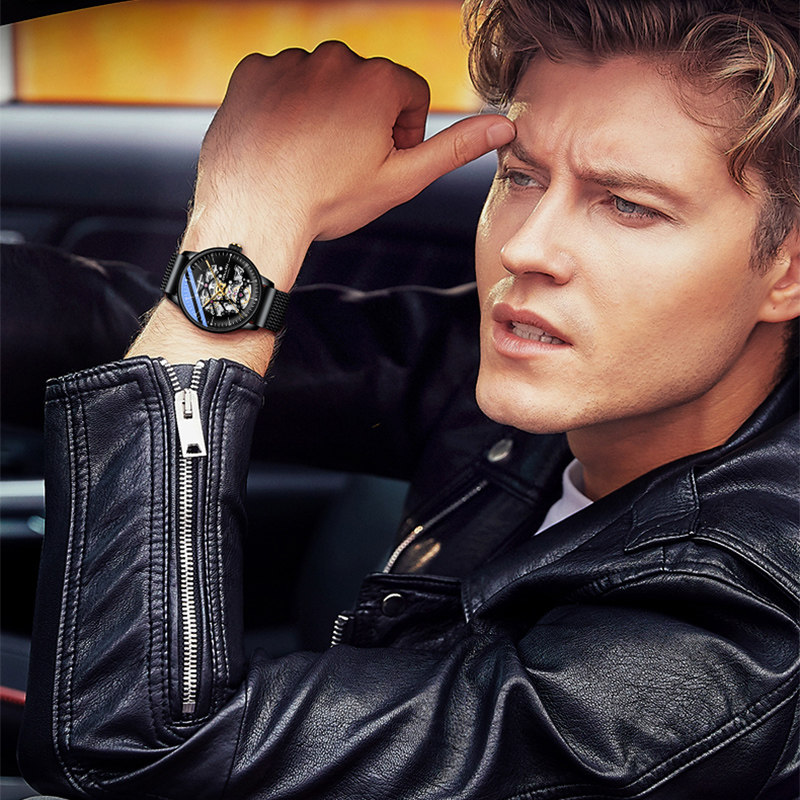 正品瑞士欧西美黑武士镂空黑机械表 欧西美手表国产腕表