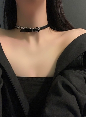 个性暗黑皮带扣拼接粗链条锁骨链女欧美项链choker项圈颈带潮流