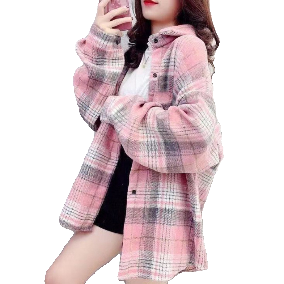 磨毛厚毛呢格子衬衫女宽松中长款