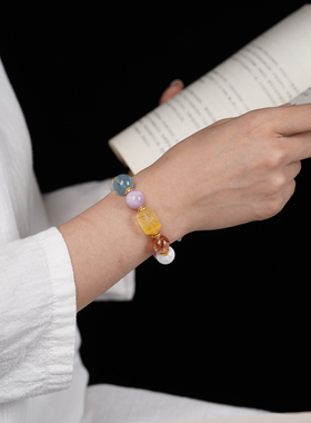 天然水晶多宝串珠手链女粉晶紫水晶白水晶方糖水晶手串手饰