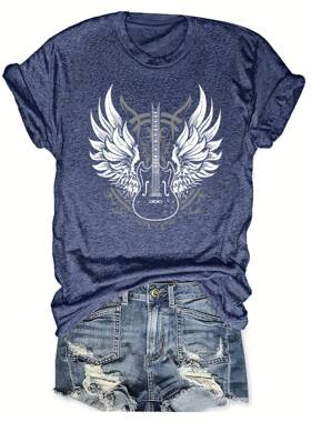 Women's Guitar Print Round Neck Tee, Casual Short Sleeve