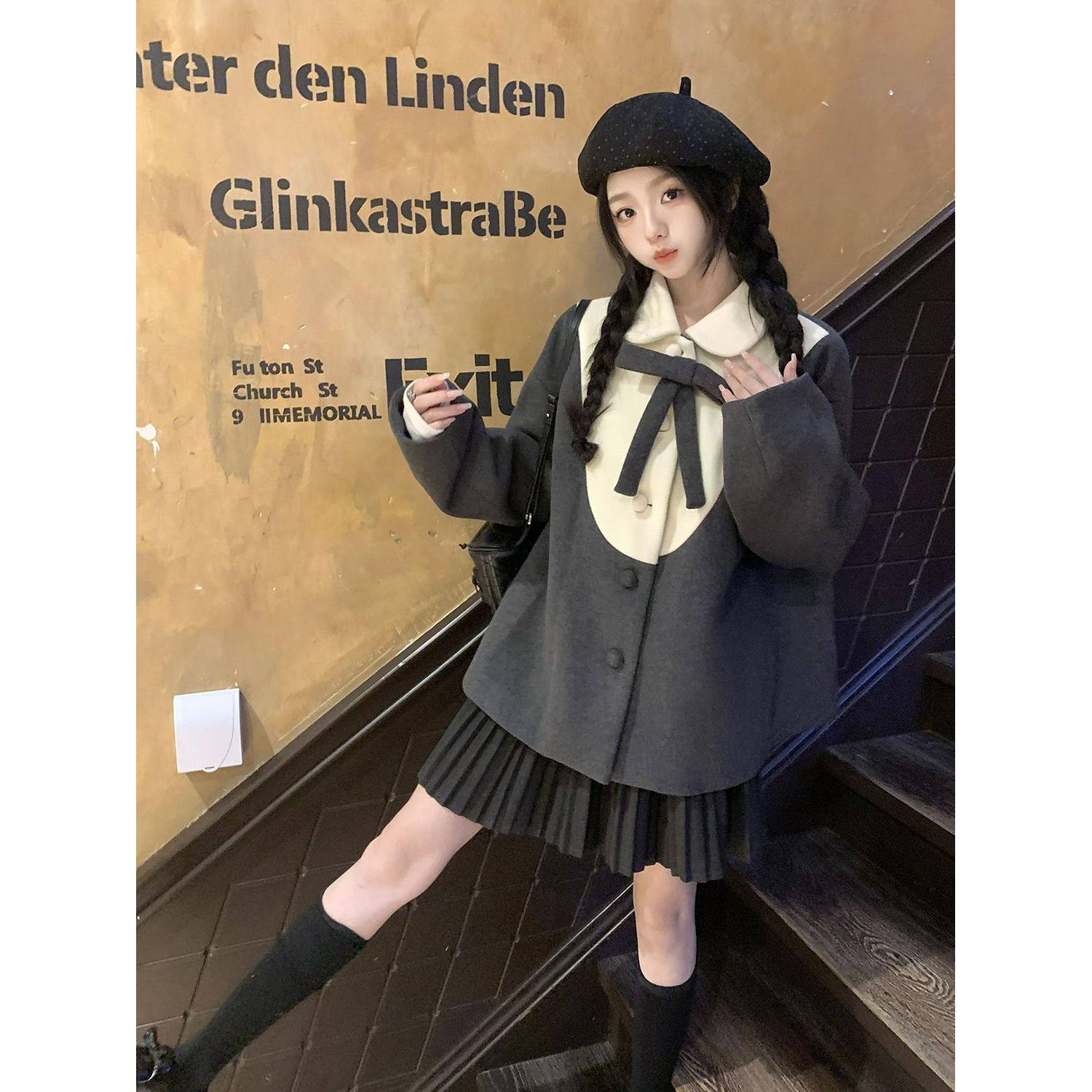半季初雪 甜美少女感百搭蝴蝶结灰色拼接毛呢外套+半身裙两件套,淘宝优惠券,粉丝福利购,淘宝优惠卷