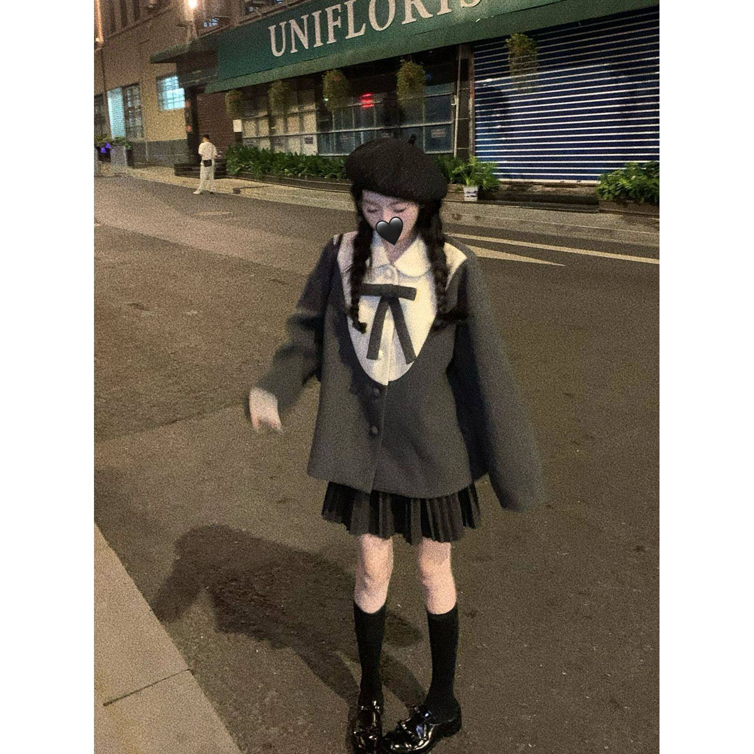 半季初雪 甜美少女感百搭蝴蝶结灰色拼接毛呢外套+半身裙两件套,淘宝优惠券,粉丝福利购,淘宝优惠卷