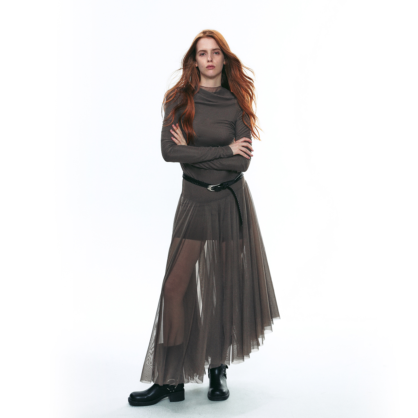 SINGLE MOMENT 25AW法式网纱修身弹力薄纱不规则下摆连衣裙长款女 - 图1