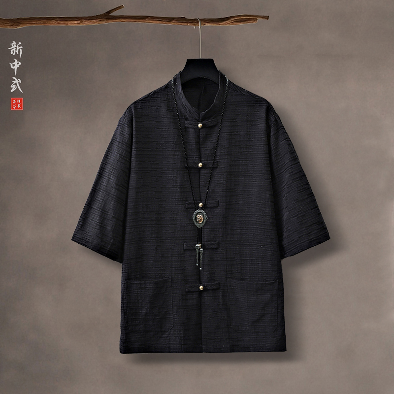 新中式棉麻铜扣提花唐装衬衫中国风宽松五分袖大码短袖传统中山装 - 图3