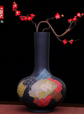 建水紫陶纯手工艺术花瓶插花花器 残贴书法大号花瓶大厅摆件T68