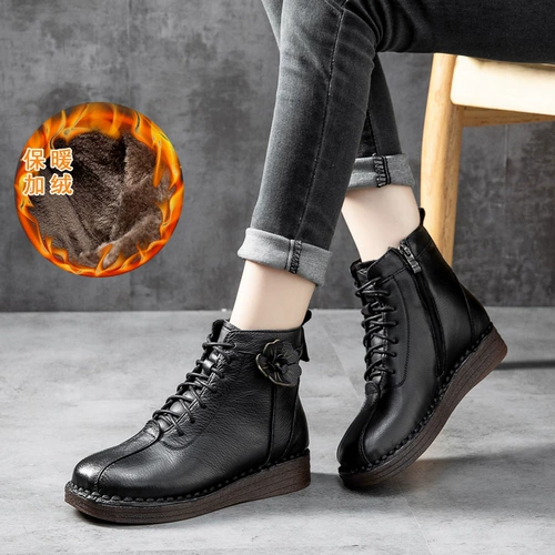 Зимние удерживающие тепло нескользящие короткие сапоги, флисовые туфли для матери, из натуральной кожи, мягкая подошва, для среднего возраста