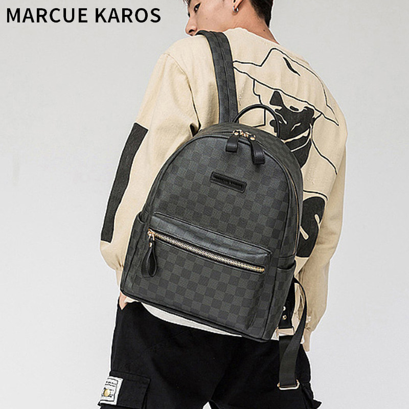 mk男士潮牌真皮休闲简约格子旅行包 partyplus双肩背包