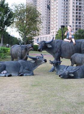 仿真奶牛雕塑牧童骑水牛大型摆件农耕文化模型玻璃钢园林景观动物