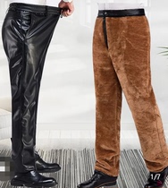 Autumn-winter-style leather pants mens plus suede thickened elastic waist waterproof and anti-oil pu pants high waist loose middle aged mens leather pants