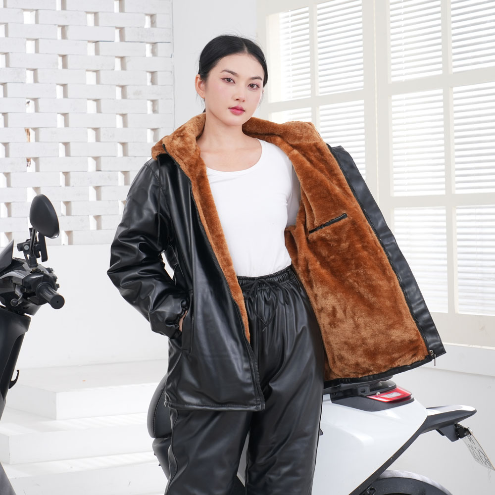 加绒加厚皮棉衣套装女冬季骑行防风皮衣男宽松皮裤工作服PU皮外套 - 图1