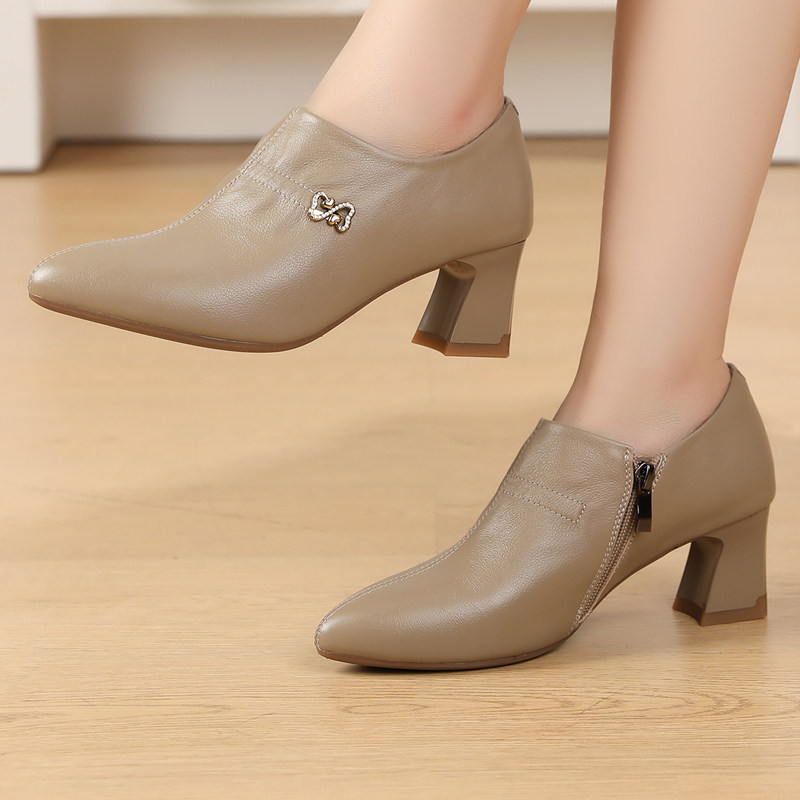 春季新款2025粗跟尖头显瘦单鞋深口鞋舒适百搭妈妈鞋中跟短靴踝靴,淘宝优惠券,粉丝福利购,淘宝优惠卷