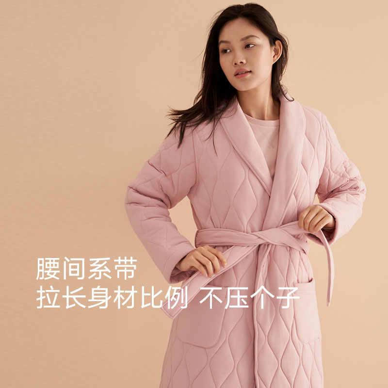曼妮芬棉质生活纯棉里料厚款睡袍冬季情侣家居服三层加厚浴袍长款