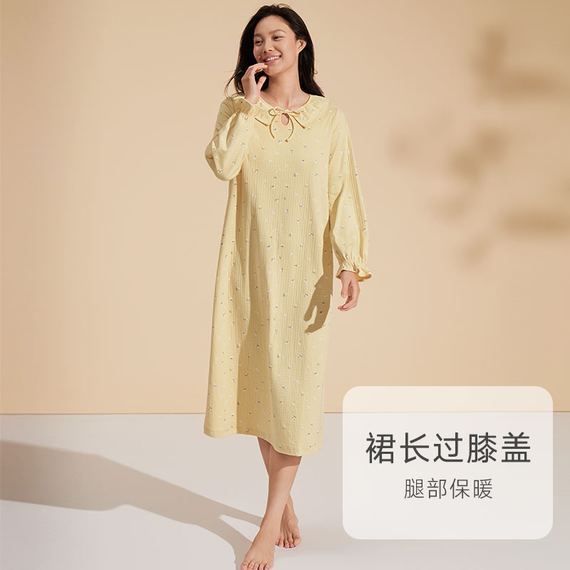 曼妮芬棉质生活睡裙女春夏季柔软亲肤棉睡衣女小碎花长袖睡裙