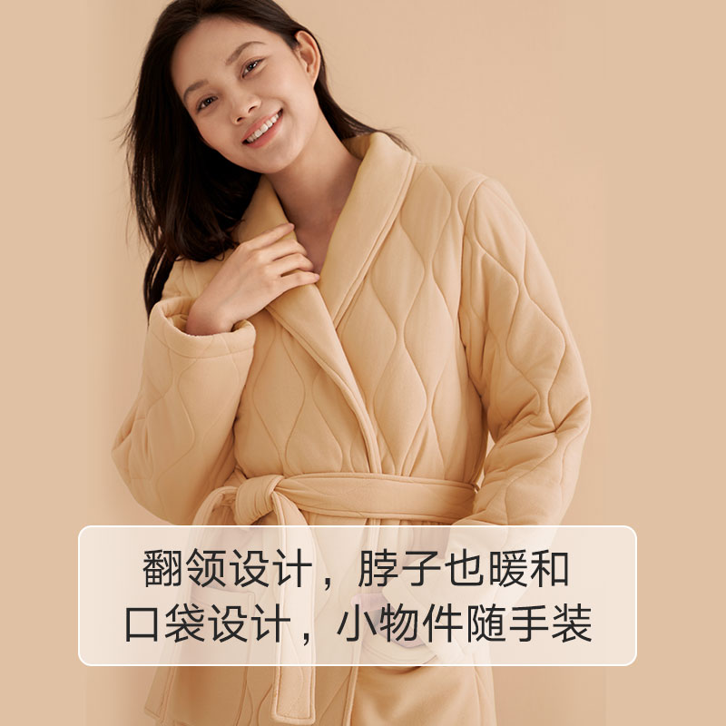 曼妮芬棉质生活纯棉里料睡袍冬季加绒加厚长款浴袍睡衣情侣家居服