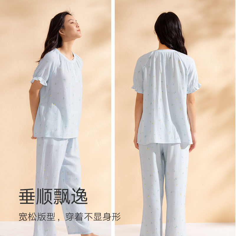 曼妮芬棉质生活睡衣棉粘纤梭织圆领短袖长裤套装女士家居服新品