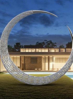 不锈钢月亮摆件雕塑户外售楼部酒店别墅金属圆环镜面水景景观装饰