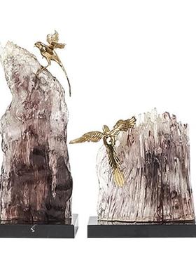 新中式轻奢软装样板间书房透明树脂假山石景铜鸟抽象雕塑装饰摆件