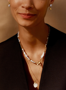 Monica Vinader莫妮卡珍珠艺术T扣项链女珍珠颈链复古气质巴恩风