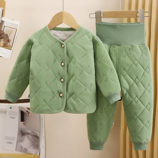 Baby boneless thermal underwear for boys and girls autumn and winter home clothes thickened pajamas baby cotton belly protection set