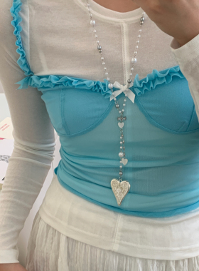 轻奢风雕花银色爱心项链锆石珍珠长款配饰链ins风设计感配饰链女