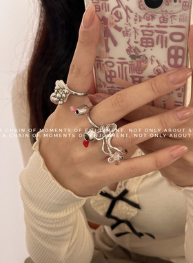 法式复古爱心珐琅酒杯自律戒指女手工串珠水晶天然石个性情侣指环