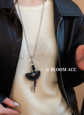 ins风时尚黑石饺子十字架星星流苏吊坠长款项链毛衣链高级感配饰