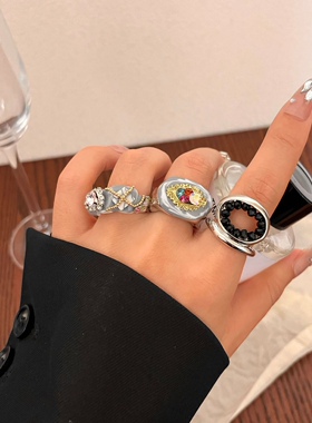 中古ins风高品质金属宽版开口戒指 老钱风手工滴油镶钻叠戴指环戒