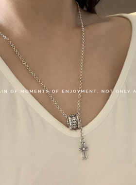 法式古巴粗链条十字架吊坠锁骨链 ins冷淡风圆环嘻哈情侣潮酷项链