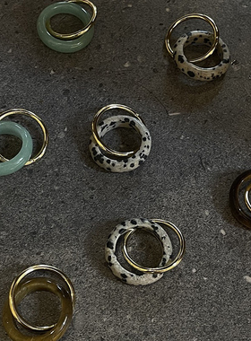 天然石斑点虎眼石戒指双层交错指环复古时髦几何撞色尾戒