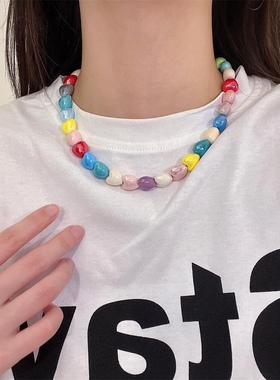 韩国大门彩色爱心琉璃珠锁骨链