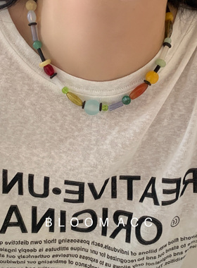 多元素复古天然石头清透的彩色玻璃和多宝石小众项链钛钢不掉色