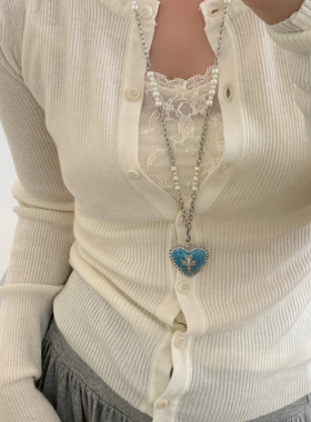 Vintage中古仿蓝松石满钻爱心十字架吊坠项链y2k辣妹长款毛衣链