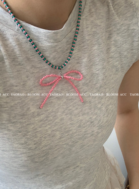 春夏手作绿粉串珠锁骨链Pink粉色蝴蝶结项链少女感天然石毛衣链女