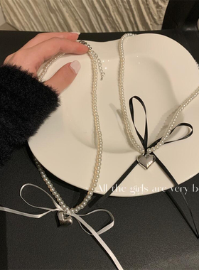 Reina同款金属爱心丝带蝴蝶结珍珠项链小众设计个性时尚锁骨链