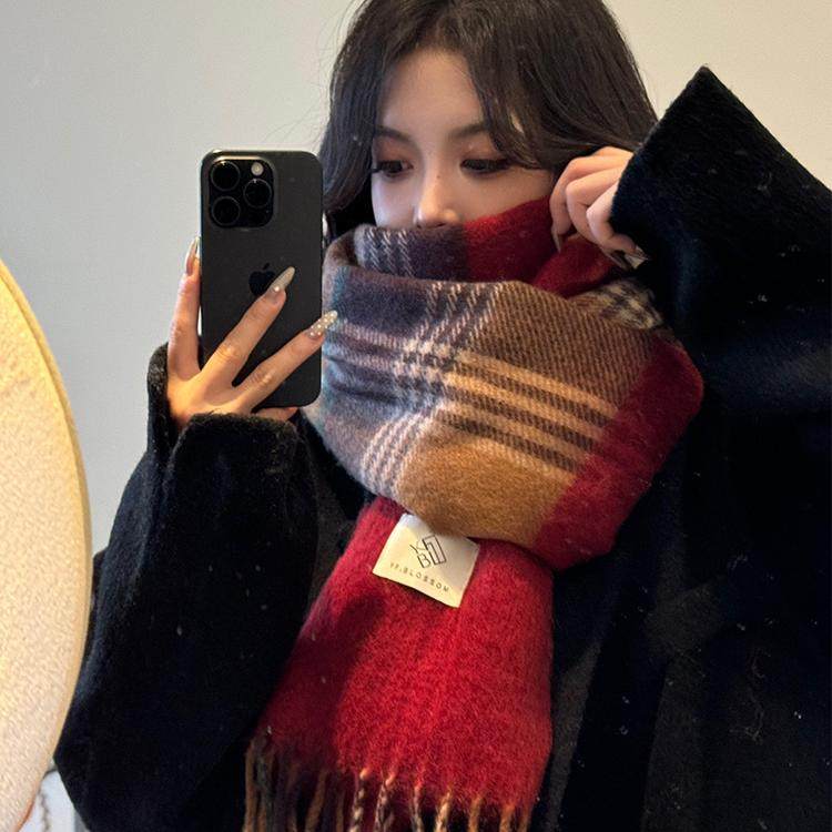 高级感圣诞红色格子仿羊绒围巾女冬季韩系复古加厚保暖防寒围脖潮,淘宝优惠券,粉丝福利购,淘宝优惠卷