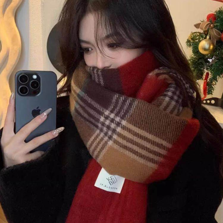 高级感圣诞红色格子仿羊绒围巾女冬季韩系复古加厚保暖防寒围脖潮,淘宝优惠券,粉丝福利购,淘宝优惠卷
