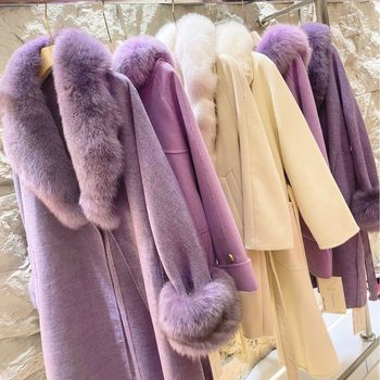 Fox fur collar cashmere coat fur women's lady style cape style shawl double-sided woolen coat for women
