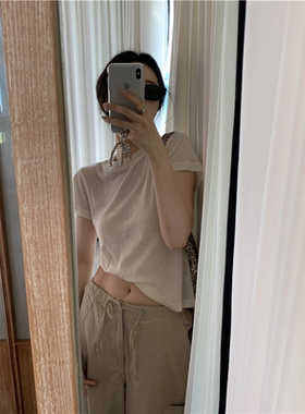 肌理感亚麻正肩白色短袖t恤女夏薄款微透宽松显瘦防晒罩衫小上衣