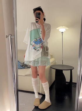 韩国东大门夏季新款薄荷与西瓜时尚蕾丝设计师阔腿百搭休闲裤短裤