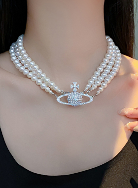 西太后珍珠项链三层重工女choker锁骨链多层珍珠土星颈链