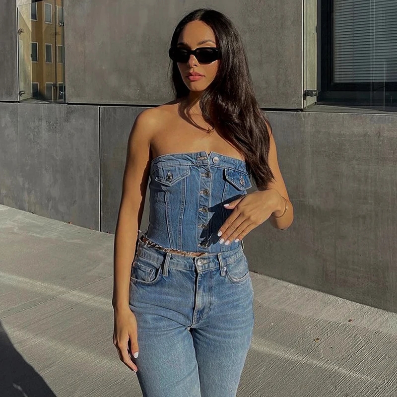 Summer trend denim elasti wrap chest button top vest牛仔上衣 - 图3