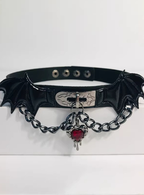 Lolita甜酷暗黑恶魔翅膀十字架吊坠皮项圈choker女哥特万圣节项链