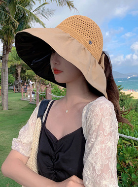 防晒帽女空顶百搭蝴蝶女帽折叠便携夏季遮阳帽户外沙滩太阳帽遮脸