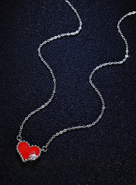 s925纯银镀PT950 铂金吊坠1克拉莫桑石项链女珐琅心型桃心锁骨链