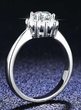 s925银1克拉D色莫桑石镀PT950 铂金结婚戒指四爪圆包奢华群镶显钻