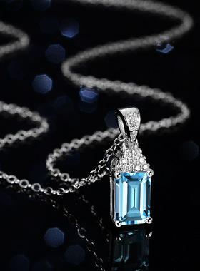 蓝托帕石莫桑石项链吊坠925纯银镀PT950 铂金1克拉几何祖玛绿切工