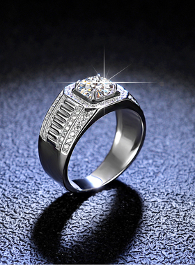 s925纯银镀铂金满钻莫桑石戒指简约大气老板男戒钻戒送男友礼物