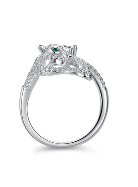 S925纯银镀PT950铂金莫桑石戒指女款四爪戒子动物豹子头豪镶指环